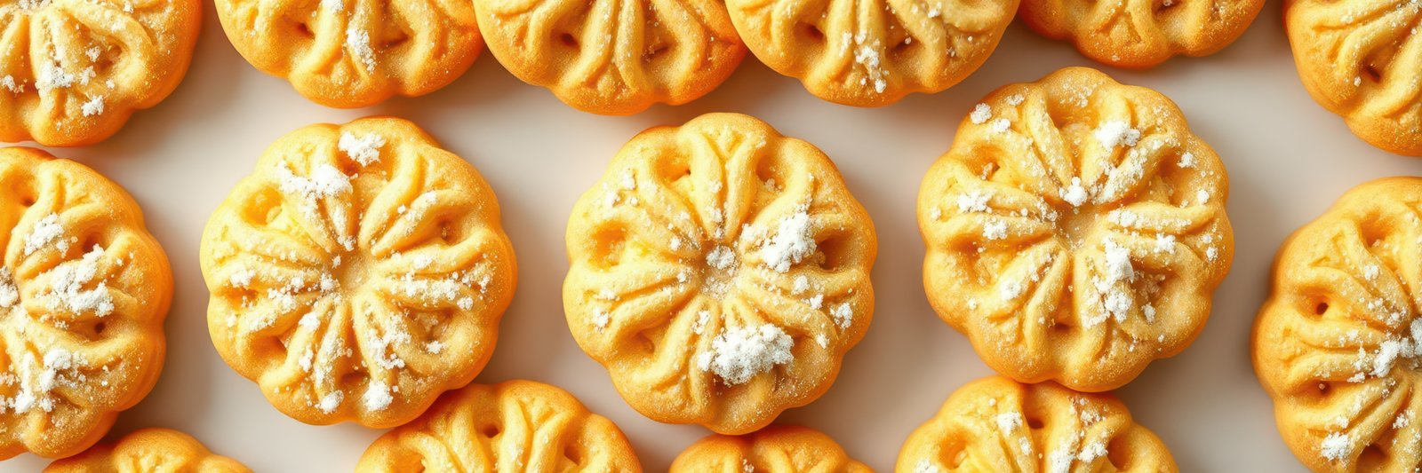 Delicious golden pastries with powdered sugar arranged neatly on a white surface in a cozy kitchen setting